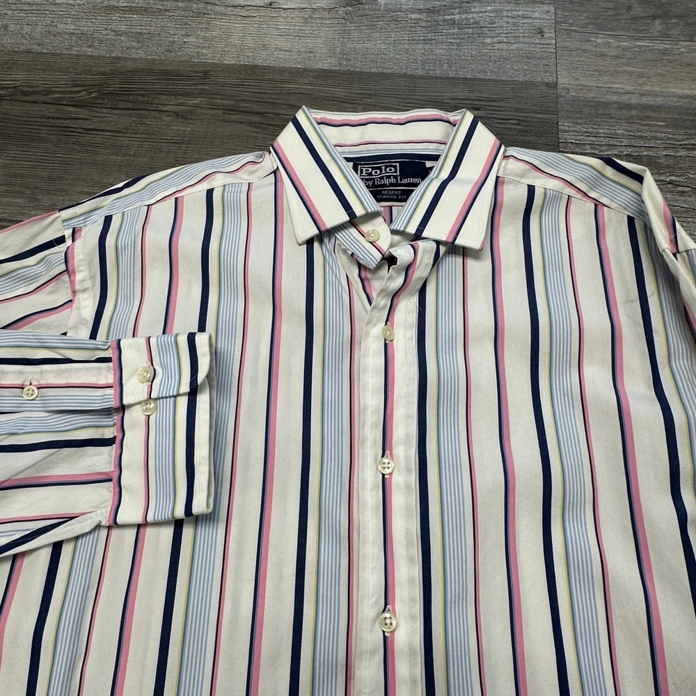 Vintage Polo Ralph Lauren Regent Mens 17 XL Button Dress Shirt Pink Blue Striped